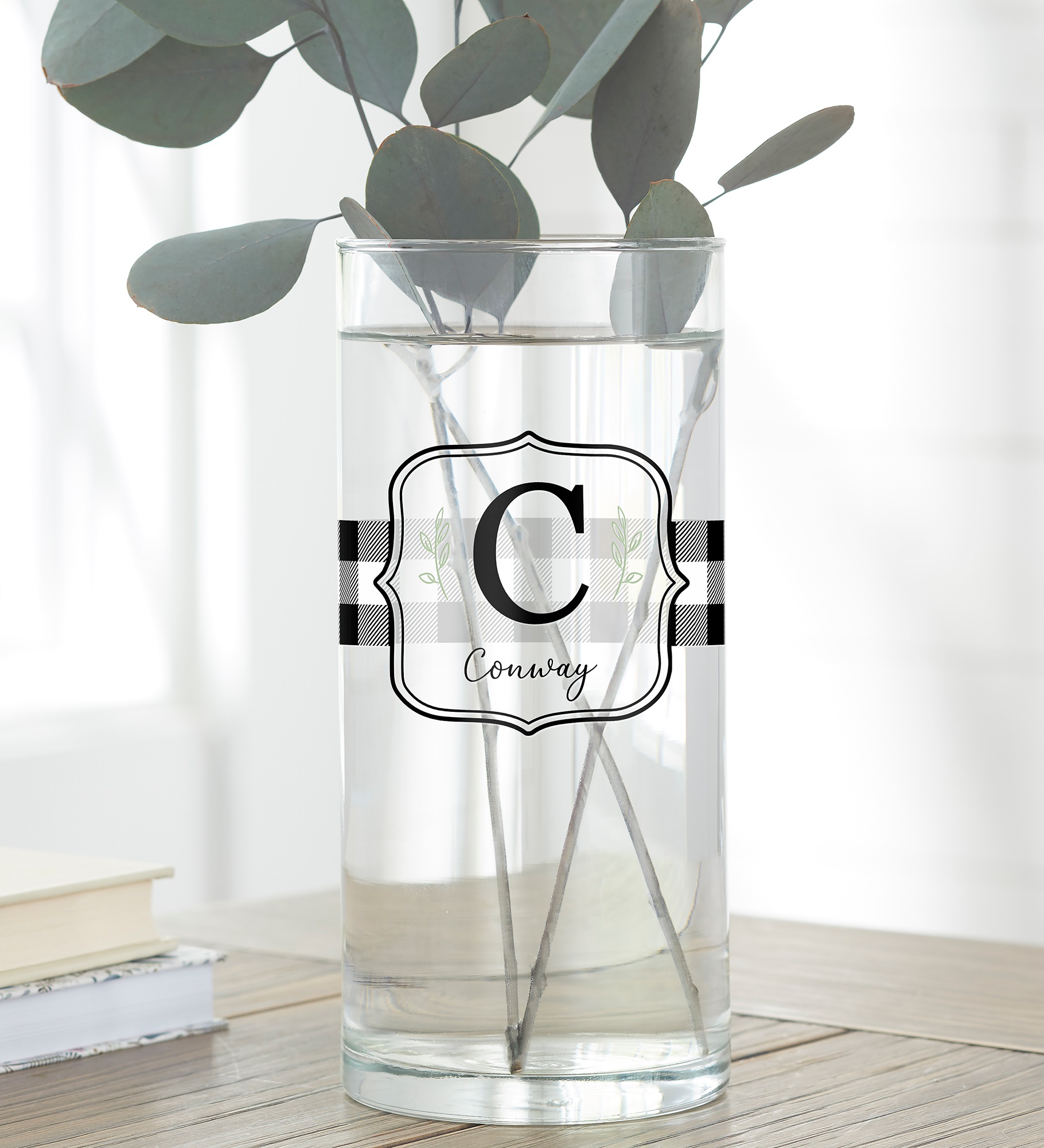 Black & White Buffalo Check Personalized Cylinder Glass Flower Vase
